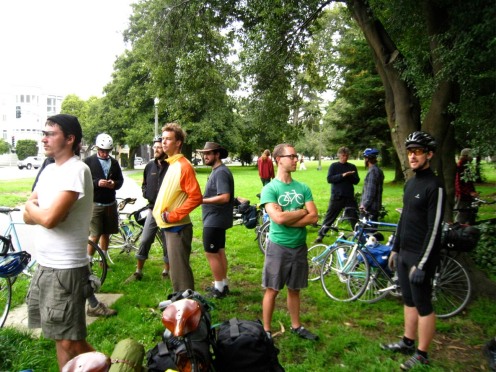 Waiting for the rest of the riders and talking about bikes.