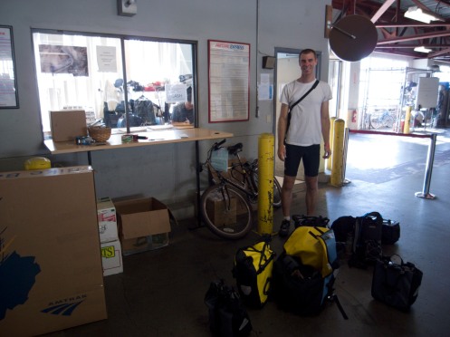 At the cargo area of Union Station after loading the bikes into the boxes.